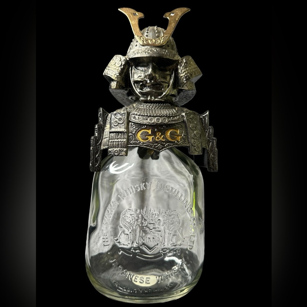 Vintage Nikka Whisky Samurai Bottle, Pourer, and armour